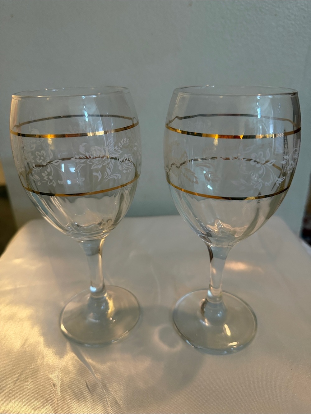 Gold-Trim Etched Wine Glasses - Set of 2 Vintage